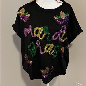 Black Mardi Gras Top with sequin mask and colorful lettering| Size Medium